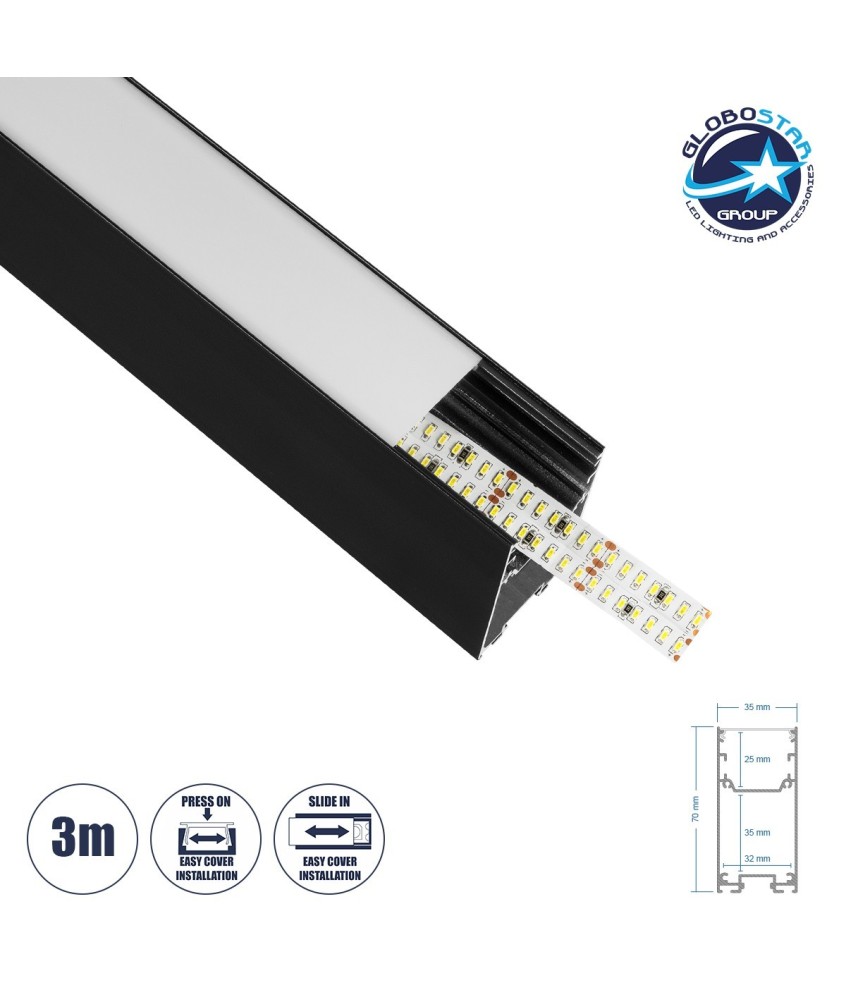 GLOBOSTAR® ALP-LINEAR LUMILINE 61764-3M Επιφανειακό - Κρεμαστό - Επιτοίχιο Προφίλ Αλουμινίου με Λευκό Γαλακτερό Πατητό Κάλυμμα για Ταινίες LED IP20 - Μαύρο Ματ - Μ300 x Π3.5 x Υ7cm